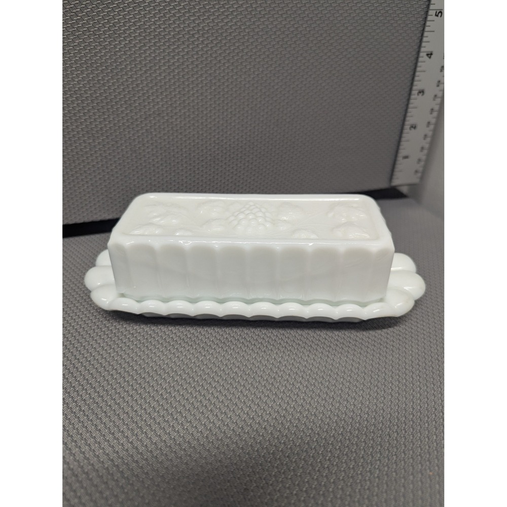 Vintage Westmoreland Milk Glass Butter Dish Paneled Grape White Covered Server - Picture 2 of 9